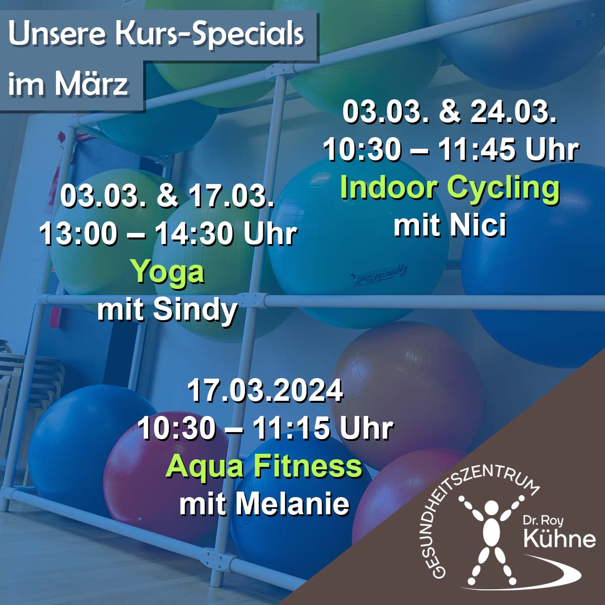 Special Fitnesskurse im Gesundheitszentrum Dr. Roy Kühne im Maerz, Aqua Fitness, Yoga, Indoor Cycling