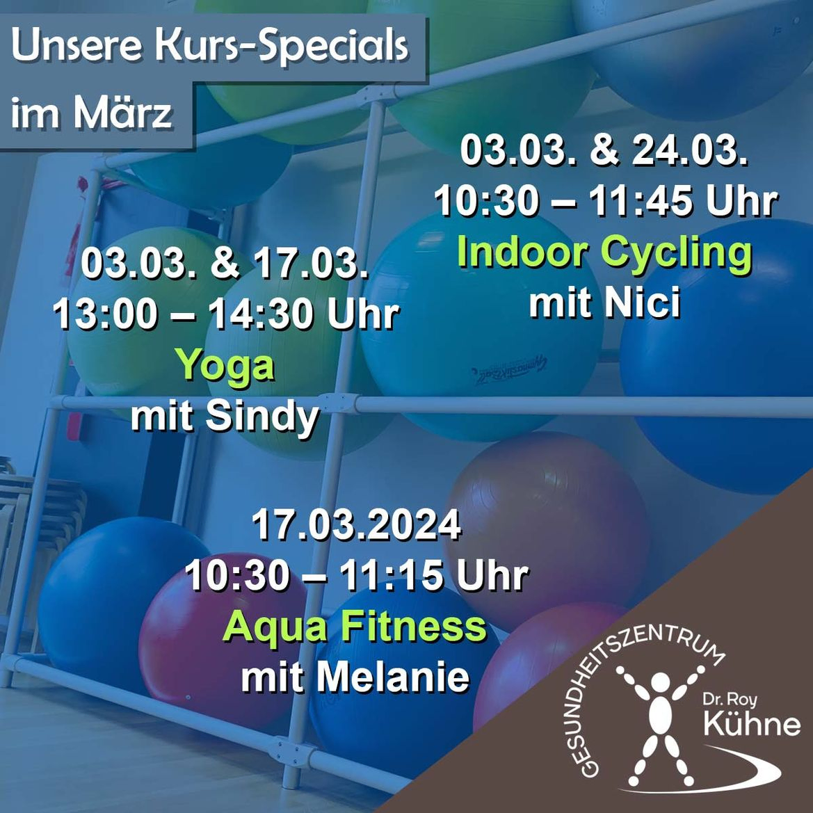 Special Fitnesskurse im Gesundheitszentrum Dr. Roy Kühne im Maerz, Aqua Fitness, Yoga, Indoor Cycling