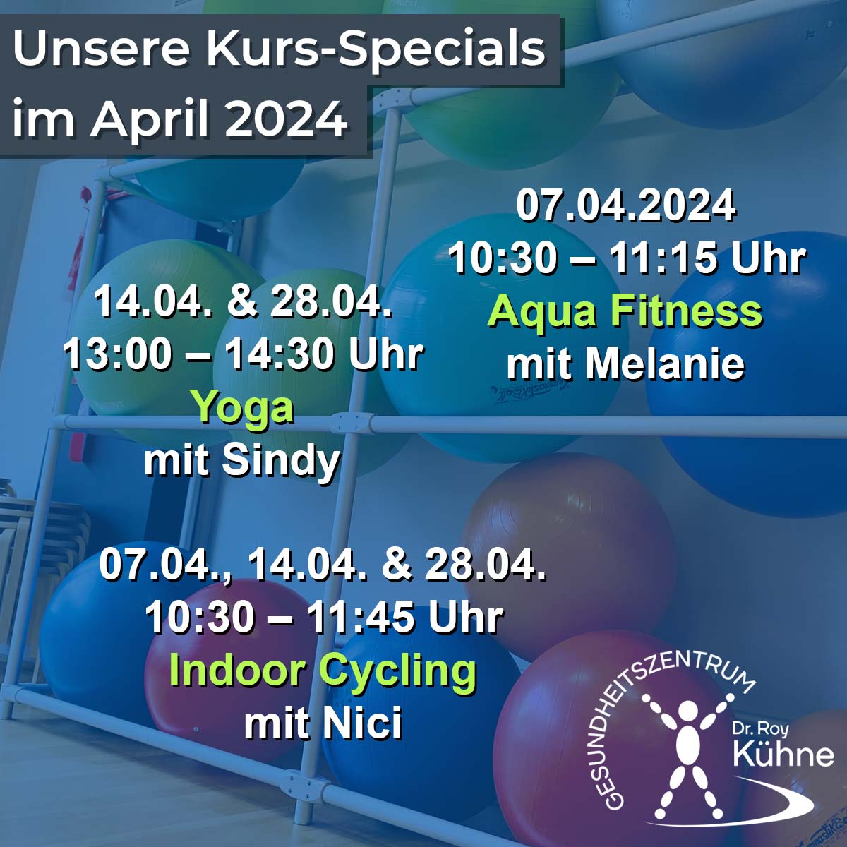 Kurs-Specials April 2024, Indoorcycling, Aquafitness, Yoga